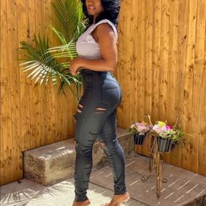 Black Leather Ripped Pants